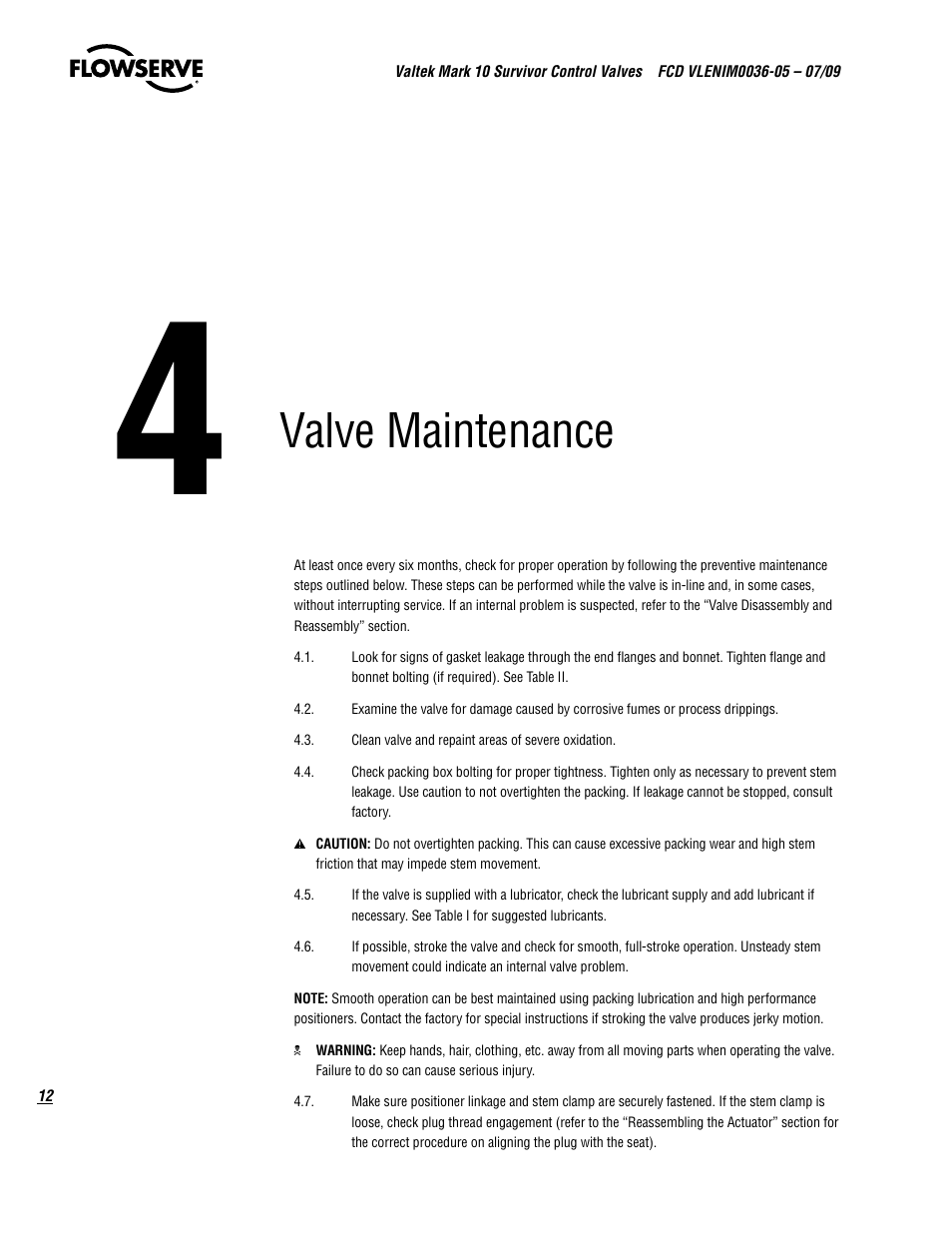 Valve maintenance | Flowserve Valtek Mark 10 Survivor Control Valves User Manual | Page 12 / 20