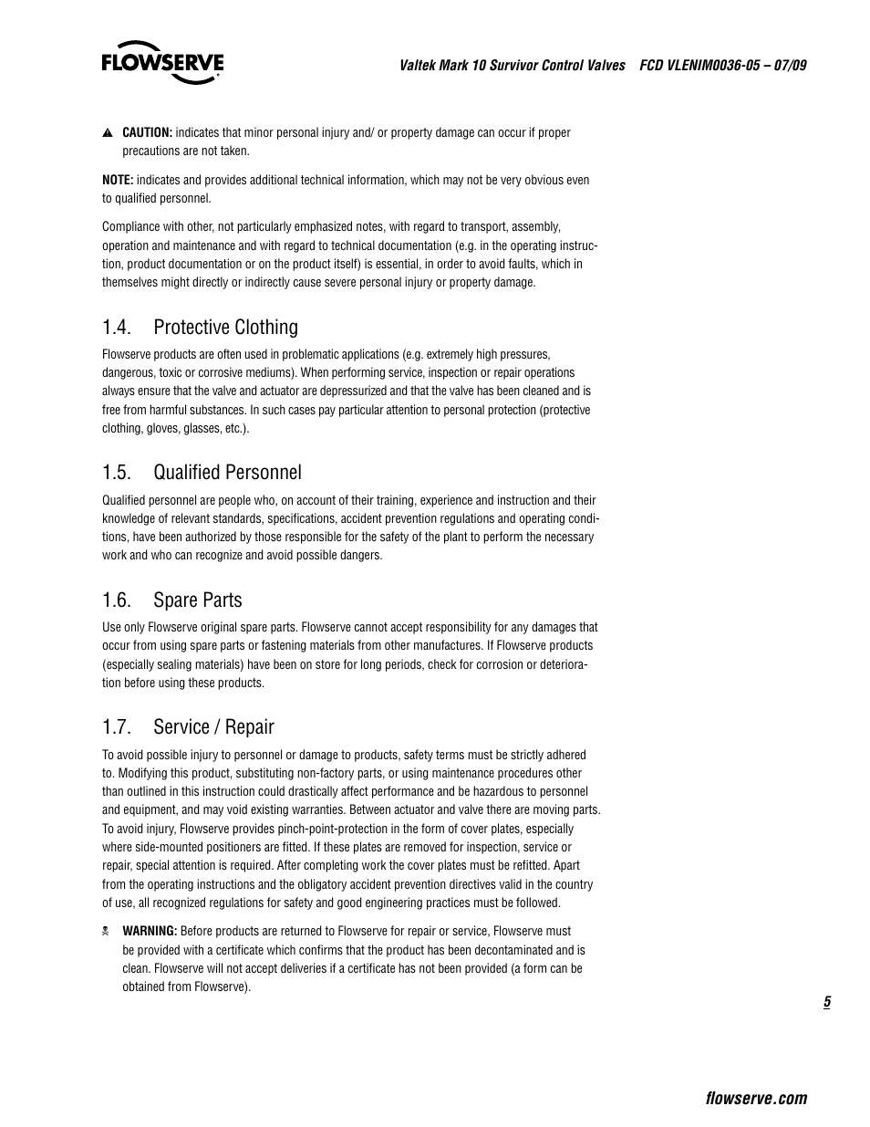 Protective clothing, Qualified personnel, Spare parts | Service / repair | Flowserve Valtek Mark 10 Survivor Control Valves User Manual | Page 5 / 20