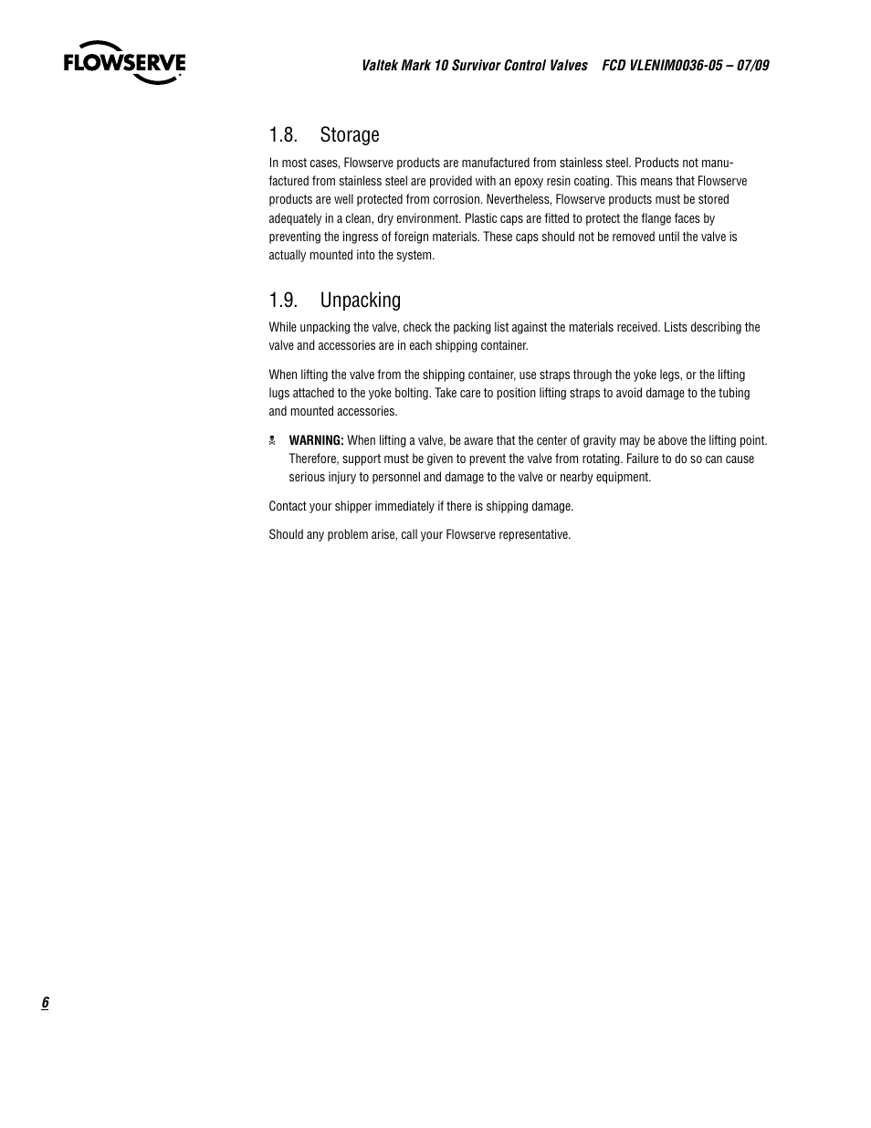 Storage, Unpacking | Flowserve Valtek Mark 10 Survivor Control Valves User Manual | Page 6 / 20