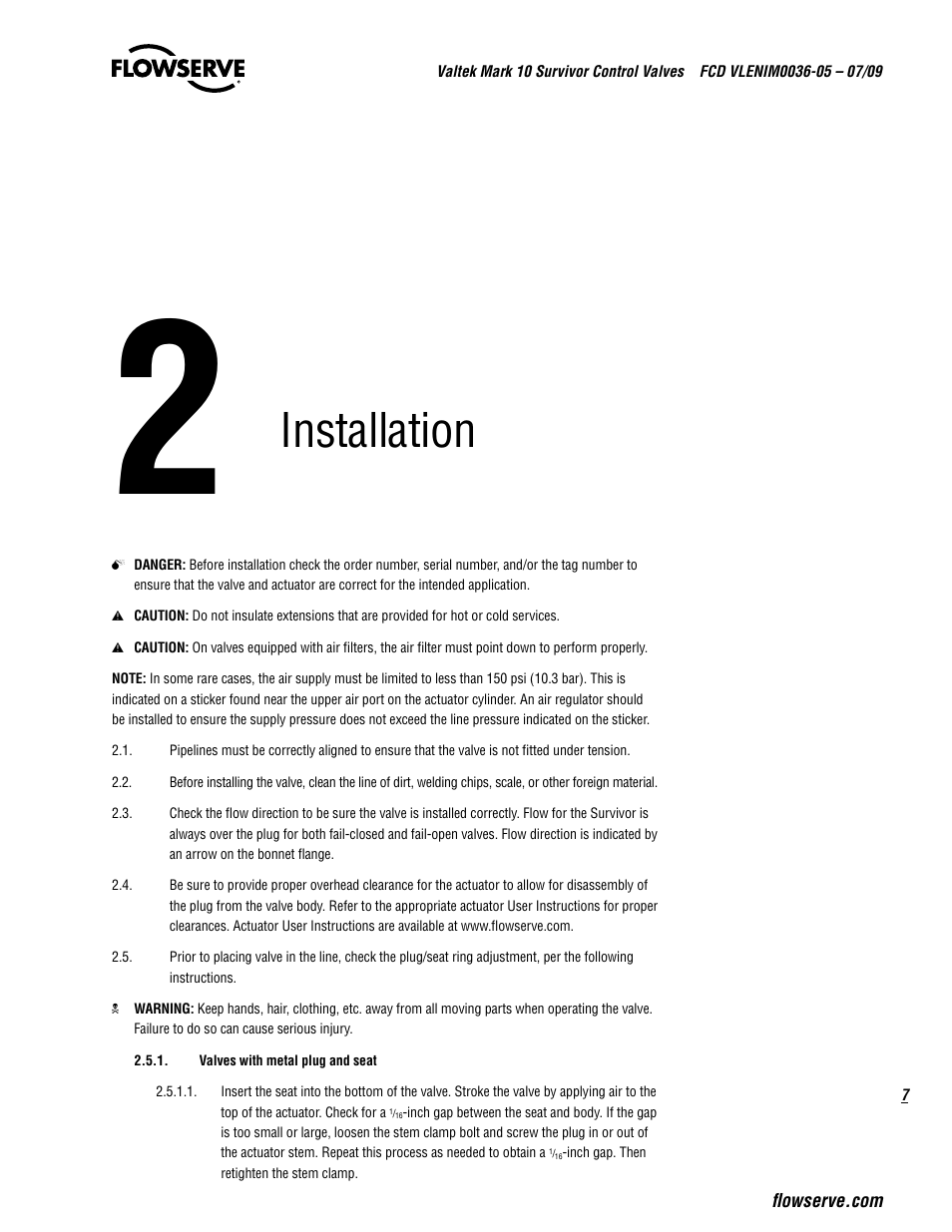 Installation | Flowserve Valtek Mark 10 Survivor Control Valves User Manual | Page 7 / 20