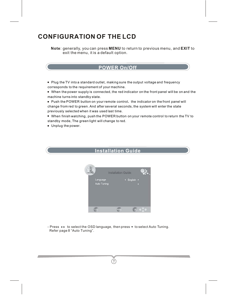 Configuration of the lcd, Installation guide, Power on/off | Curtis LCDVD152UK User Manual | Page 11 / 34