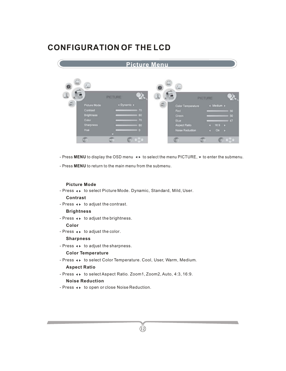 Configuration of the lcd, Picture menu | Curtis LCDVD152UK User Manual | Page 16 / 34