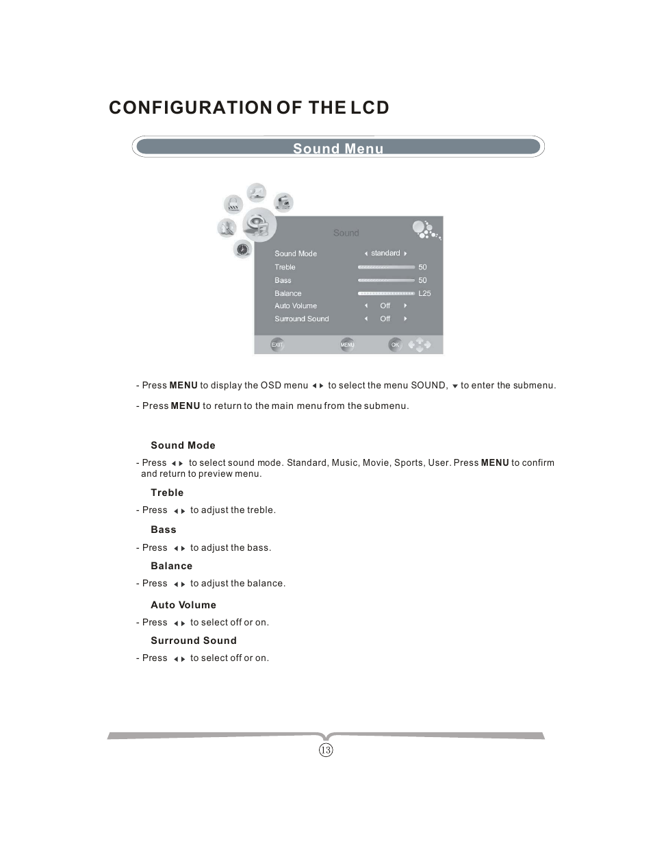 Configuration of the lcd, Sound menu | Curtis LCDVD152UK User Manual | Page 17 / 34