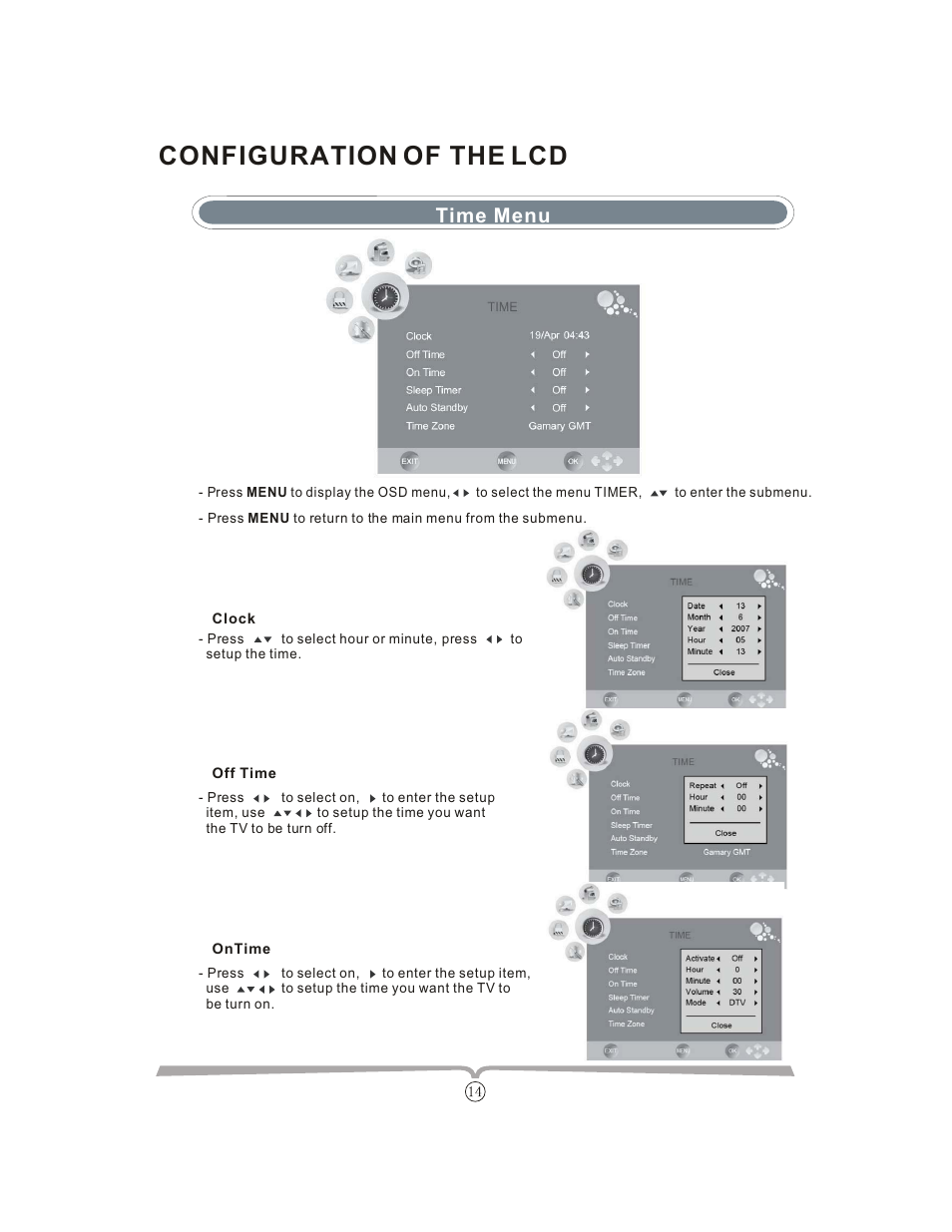 Configuration of the lcd, Time menu | Curtis LCDVD152UK User Manual | Page 18 / 34