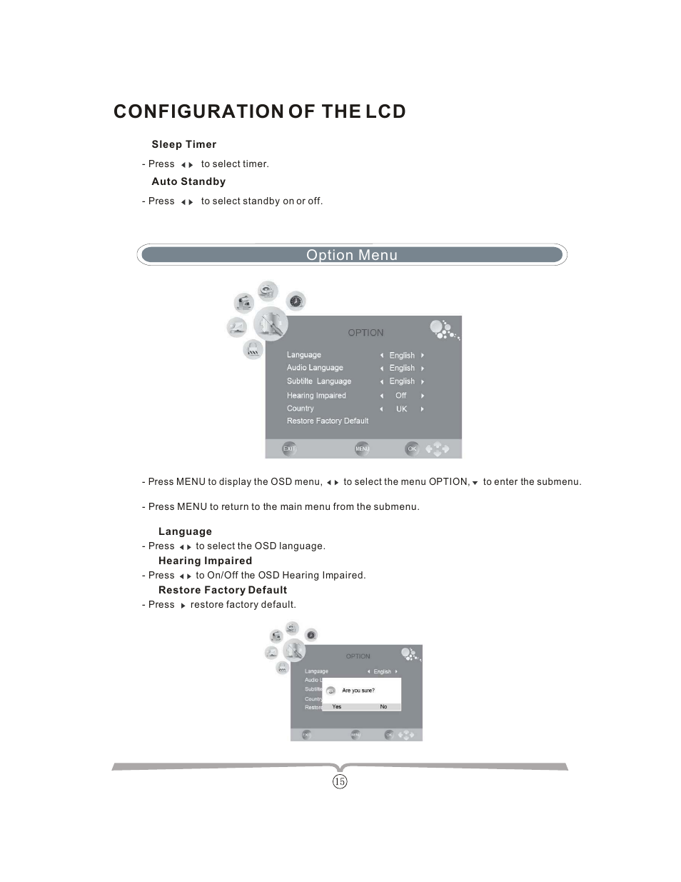 Configuration of the lcd, Option menu | Curtis LCDVD152UK User Manual | Page 19 / 34