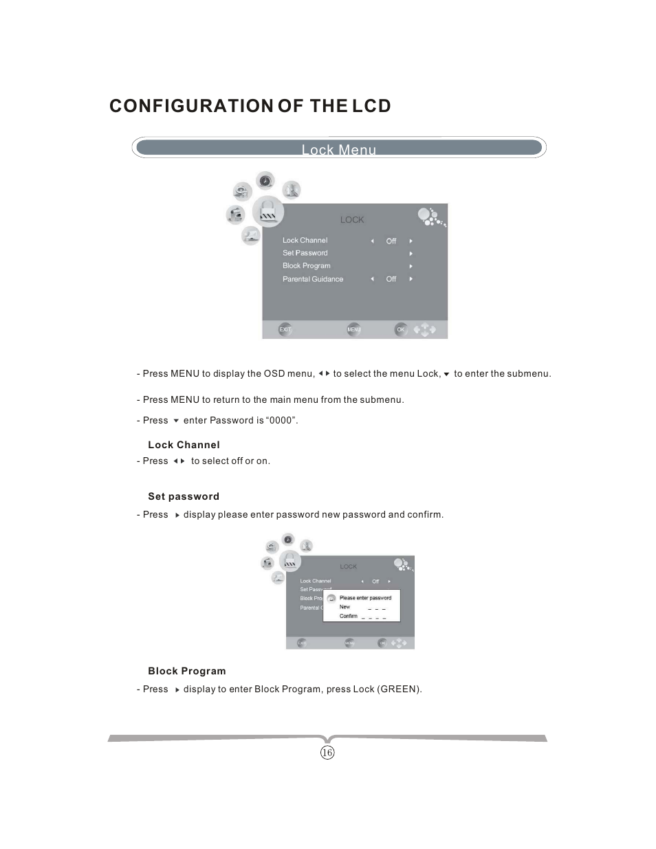 Configuration of the lcd, Lock menu | Curtis LCDVD152UK User Manual | Page 20 / 34