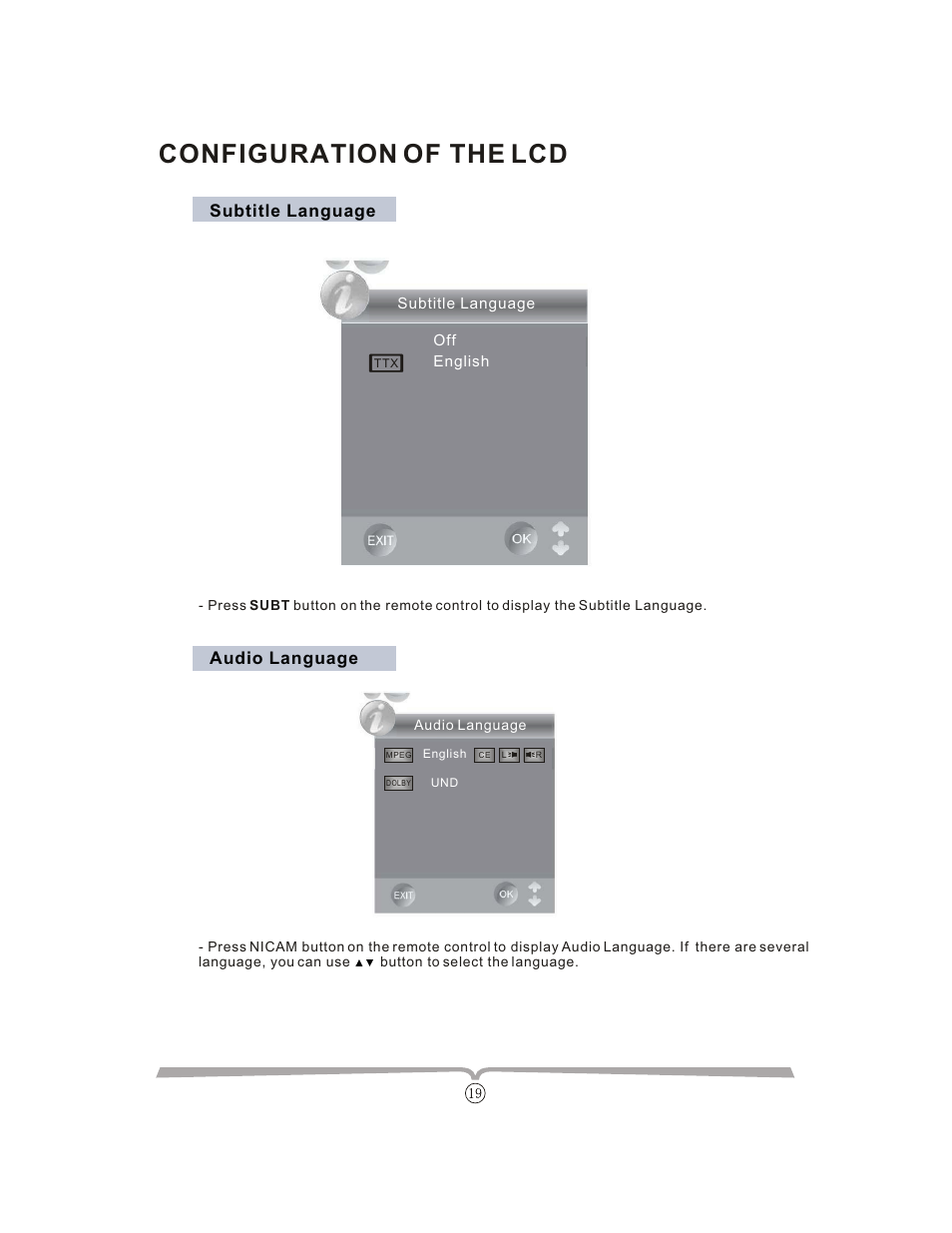 Configuration of the lcd, Subtitle language, Audio language | Curtis LCDVD152UK User Manual | Page 23 / 34