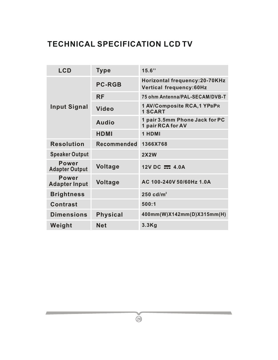 Technical specification lcd tv | Curtis LCDVD152UK User Manual | Page 24 / 34