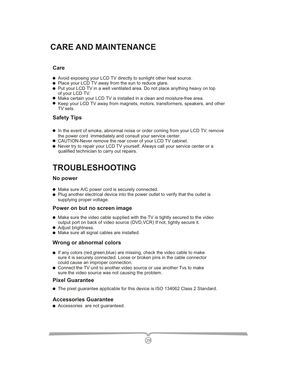 Care and maintenance, Troubleshooting | Curtis LCDVD152UK User Manual | Page 33 / 34