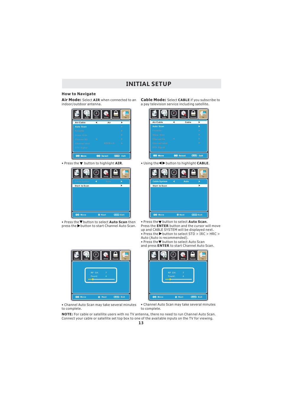 Initial setup, Air mode, Cable mode | How to navigate | Curtis LCDVD2224A User Manual | Page 17 / 48