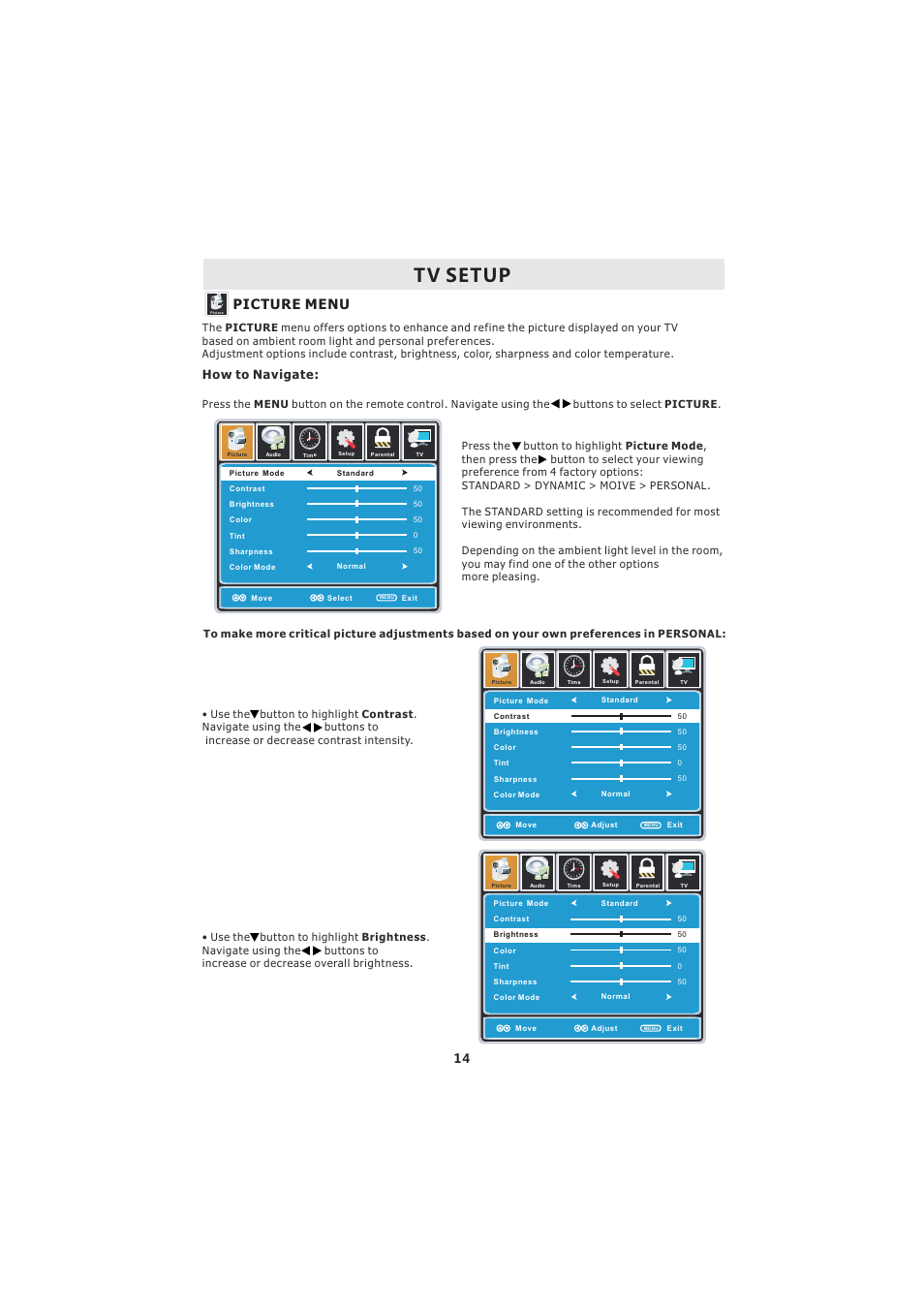 Tv setup, Picture menu, How to navigate | Curtis LCDVD2224A User Manual | Page 18 / 48