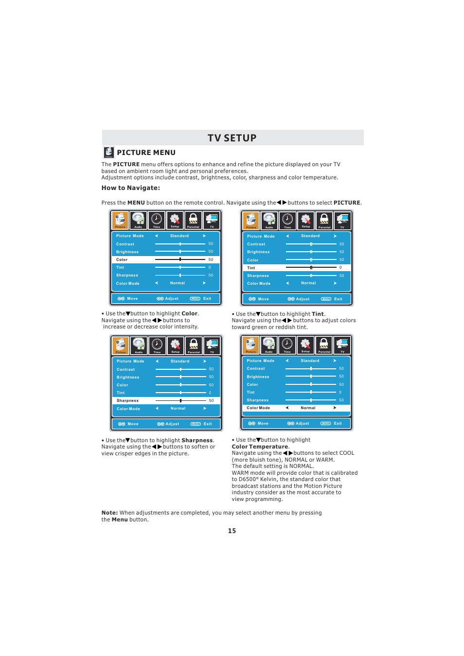 Tv setup, Picture menu, How to navigate | Curtis LCDVD2224A User Manual | Page 19 / 48