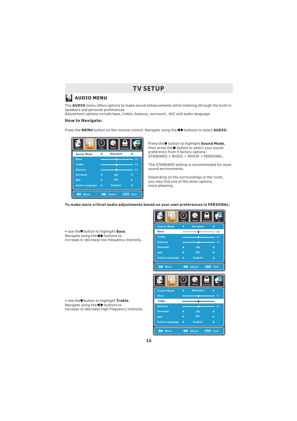 Tv setup, Audio menu, How to navigate | Curtis LCDVD2224A User Manual | Page 20 / 48