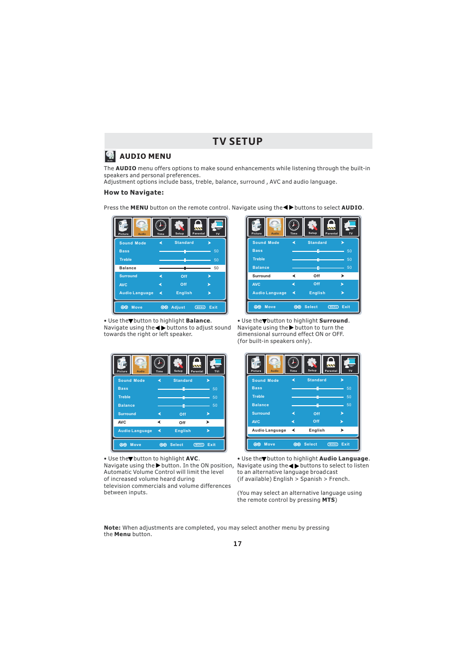 Tv setup, Audio menu, How to navigate | Curtis LCDVD2224A User Manual | Page 21 / 48