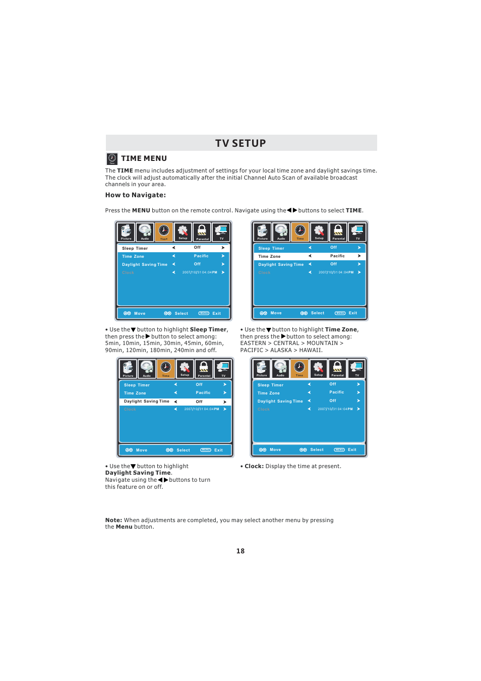 Tv setup, Time menu, How to navigate | Curtis LCDVD2224A User Manual | Page 22 / 48