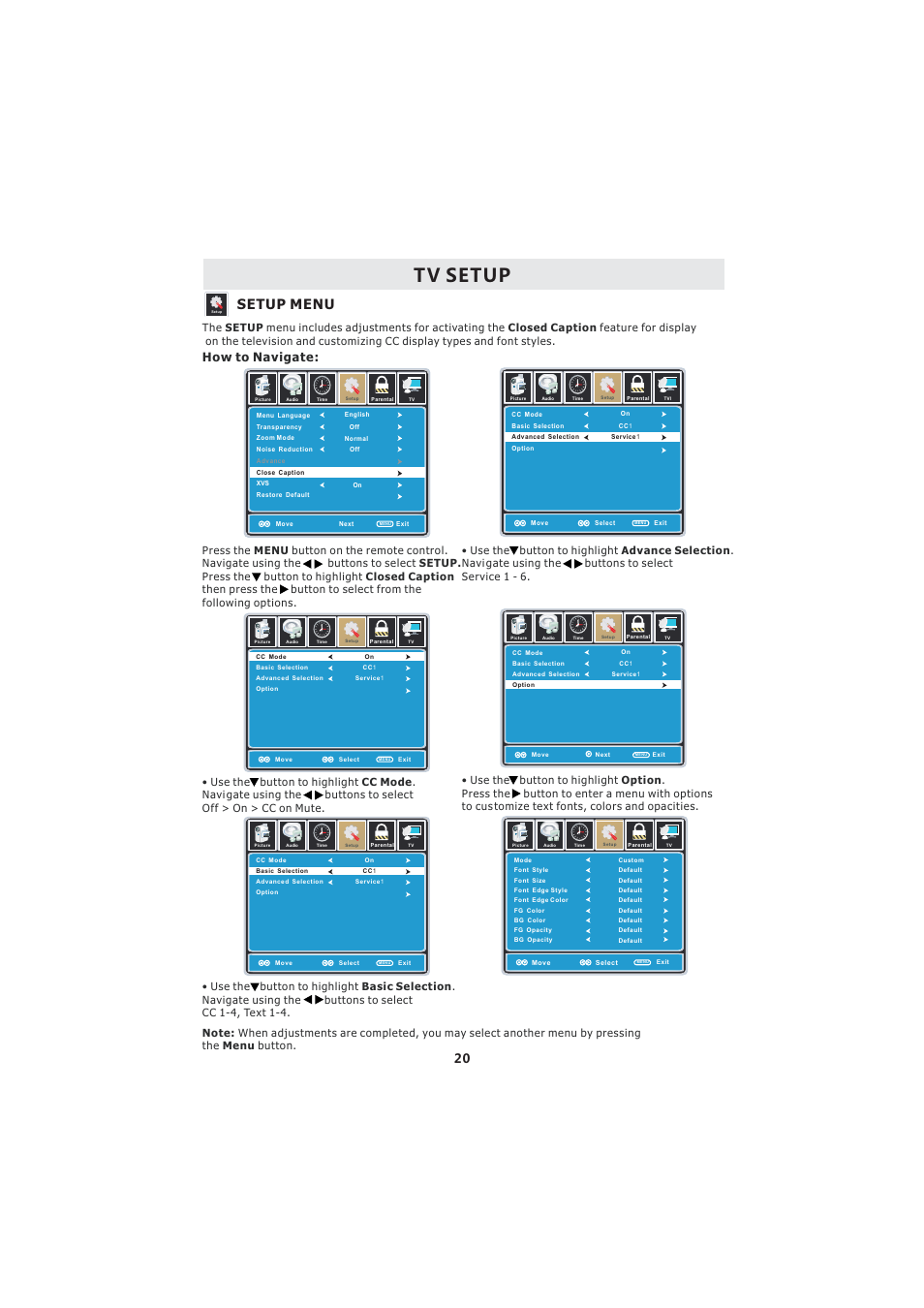 Tv setup, Setup menu, How to navigate | Curtis LCDVD2224A User Manual | Page 24 / 48