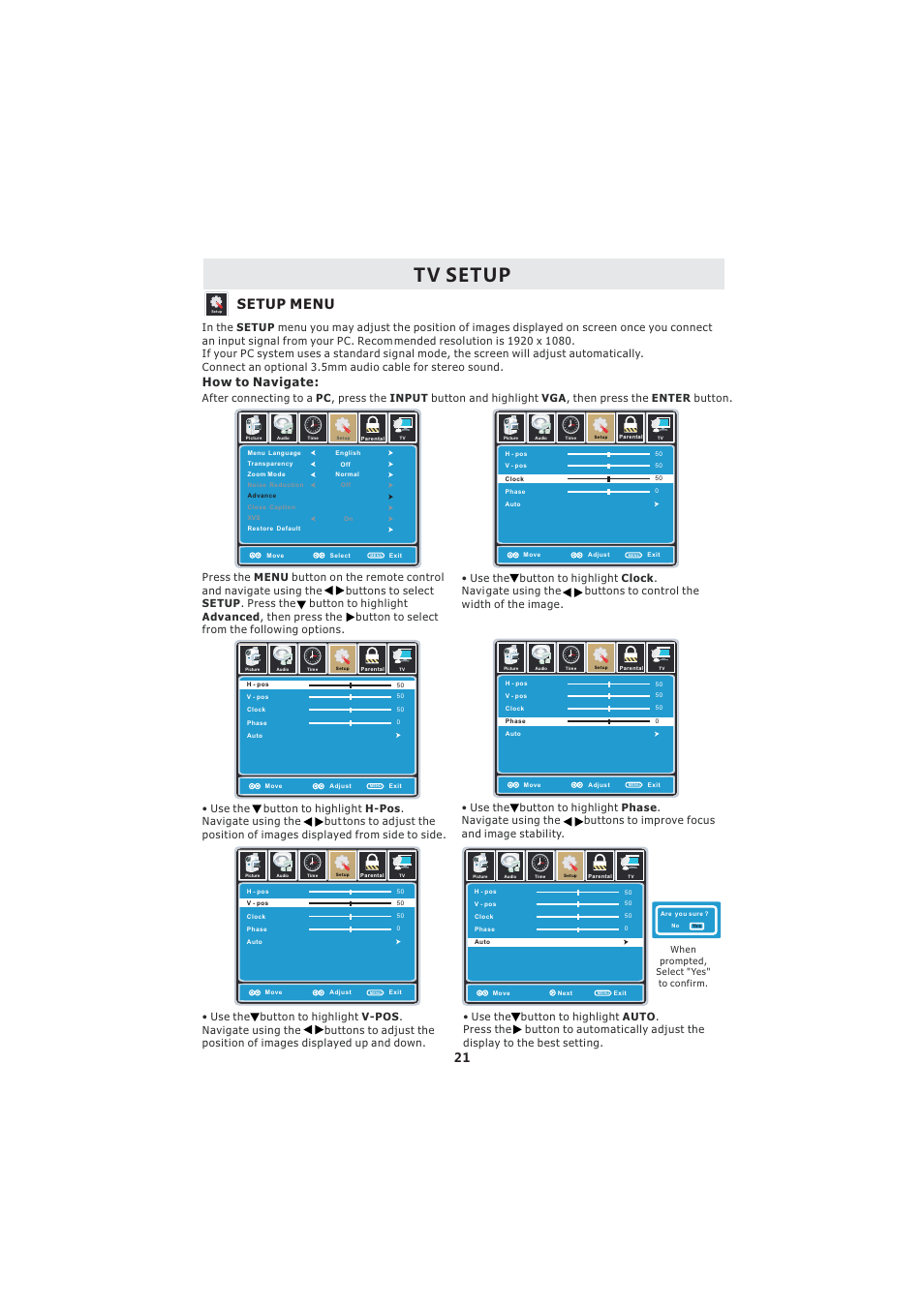 Tv setup, Setup menu, How to navigate | Curtis LCDVD2224A User Manual | Page 25 / 48