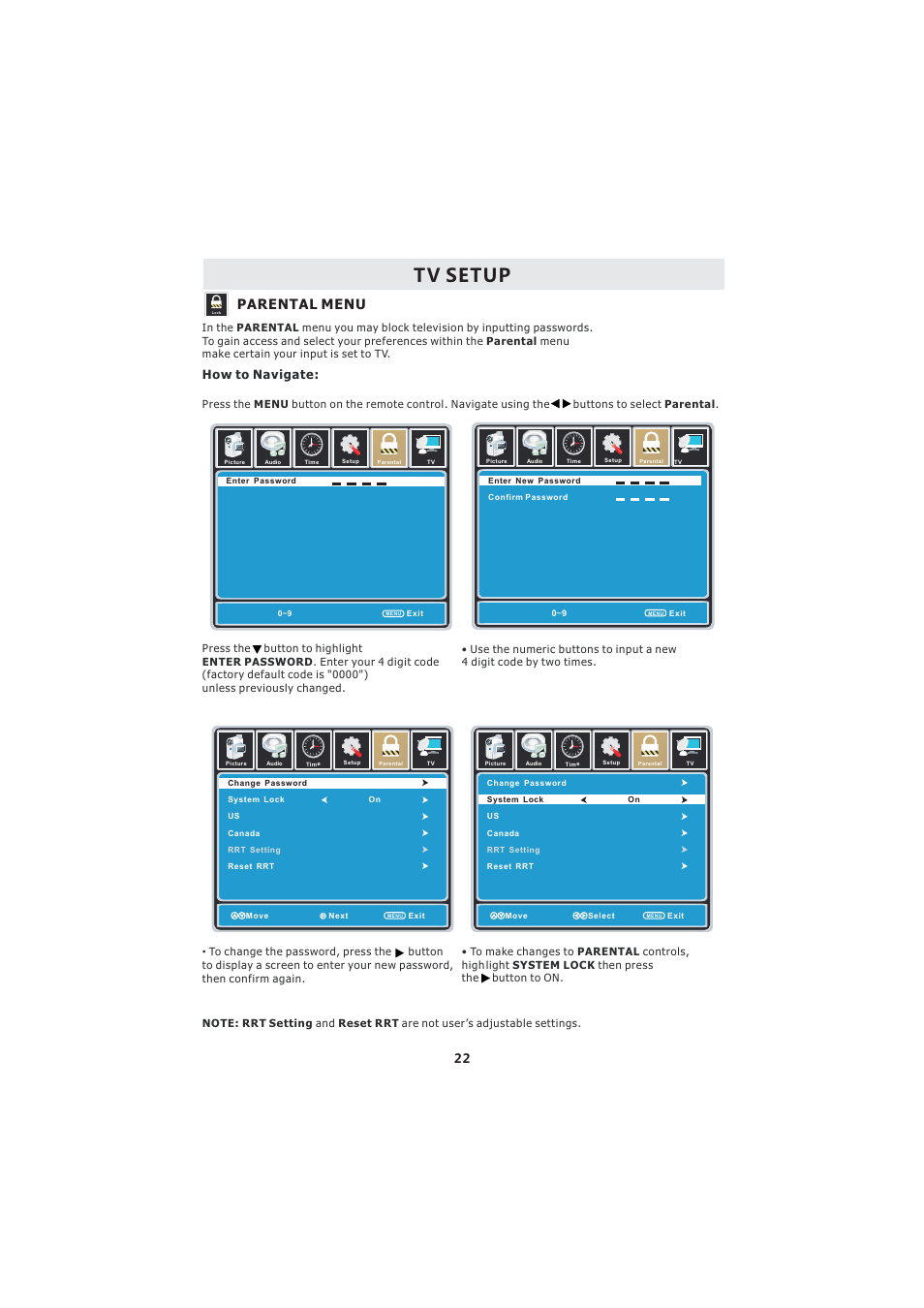 Tv setup, Parental menu, How to navigate | Curtis LCDVD2224A User Manual | Page 26 / 48