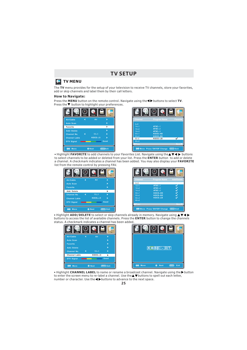 Tv setup, Tv menu, How to navigate: 25 | Curtis LCDVD2224A User Manual | Page 29 / 48