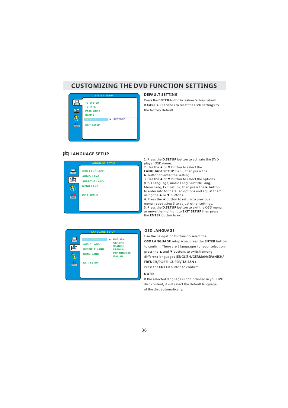 Customizing the dvd function settings | Curtis LCDVD2224A User Manual | Page 40 / 48