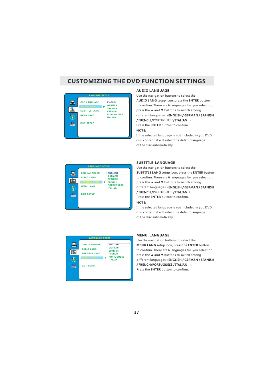 Customizing the dvd function settings | Curtis LCDVD2224A User Manual | Page 41 / 48