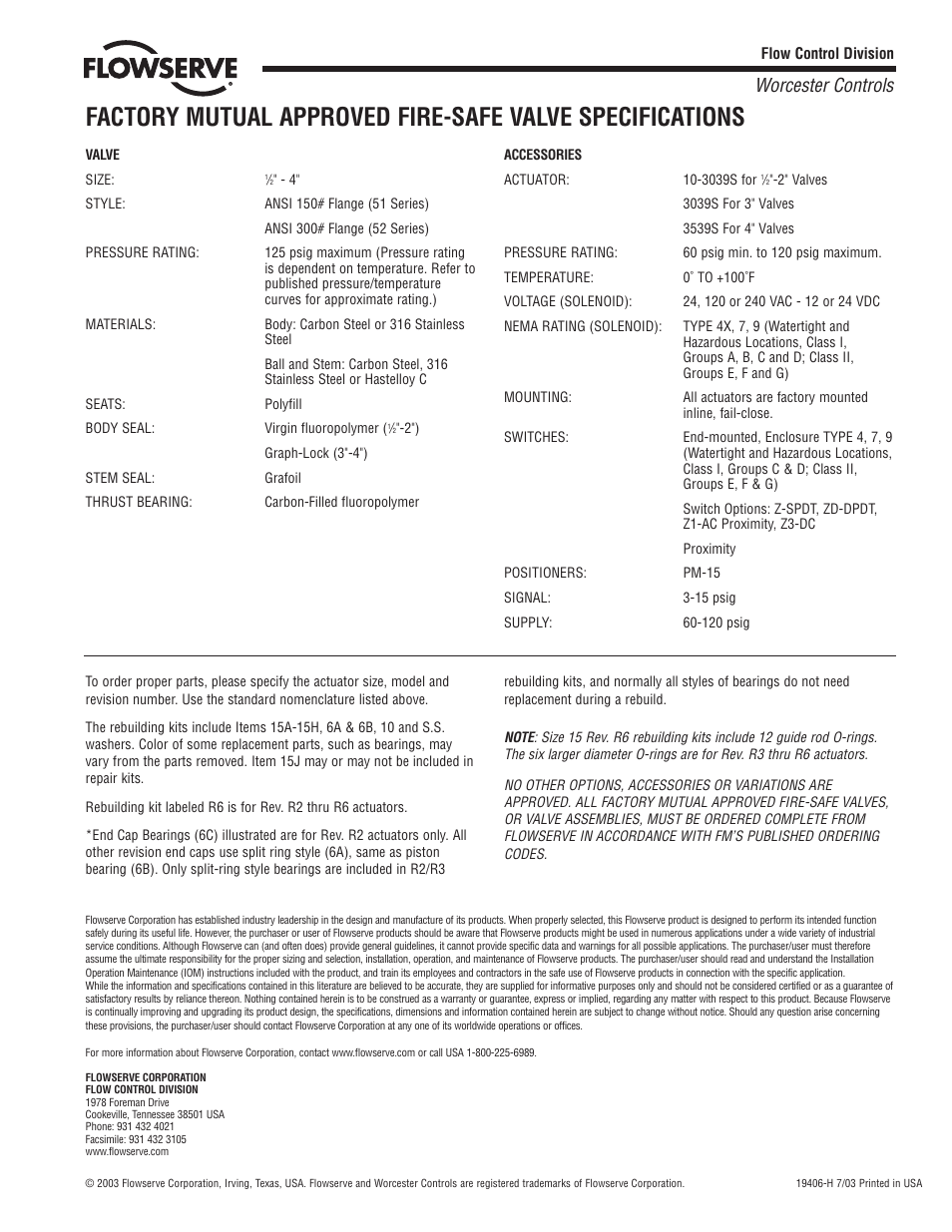 Worcester controls | Flowserve 51 Series Fire-Safe Valves User Manual | Page 12 / 12