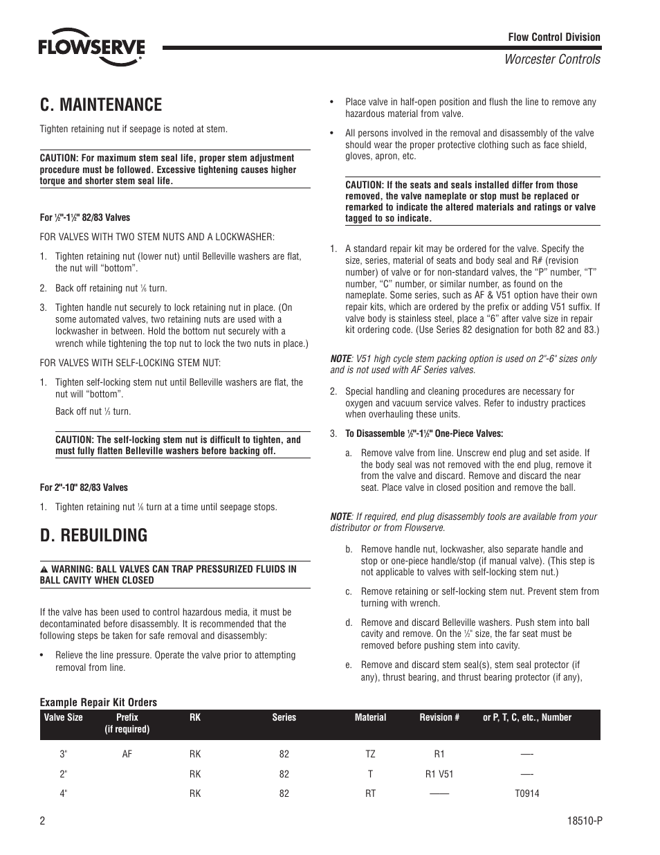 C. maintenance, D. rebuilding, Worcester controls | Flowserve 82 Series Flanged One-Piece User Manual | Page 2 / 8