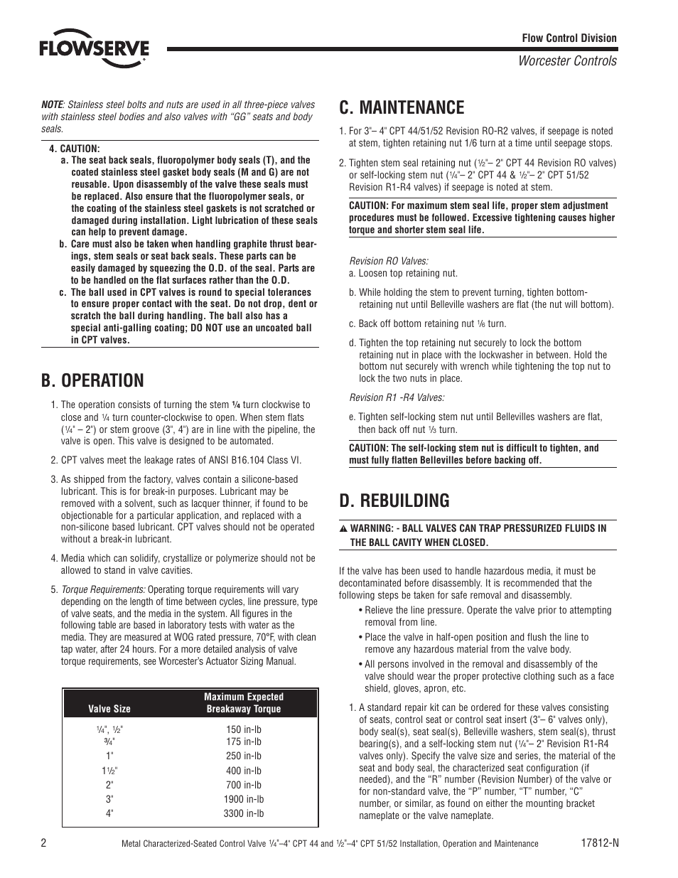 B. operation, C. maintenance, D. rebuilding | Worcester controls | Flowserve CPT Series Metal Characterized Seat Control Valve User Manual | Page 2 / 8