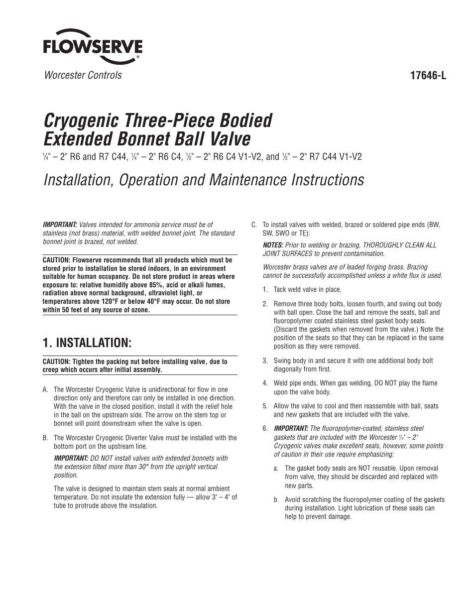 Flowserve Cryogenic Three-Piece Bodied Extended Bonnet Ball Valve User Manual | 8 pages