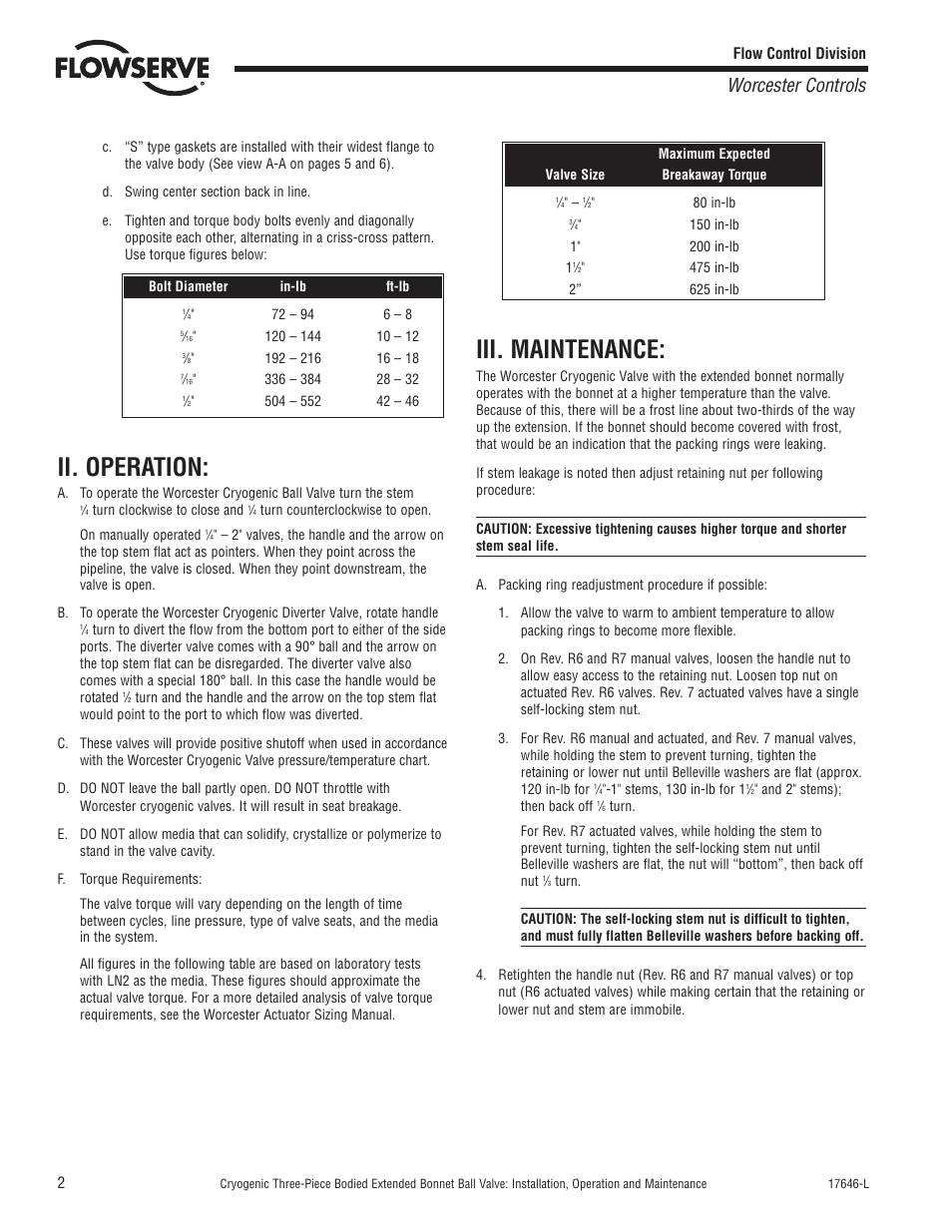 Ii. operation, Iii. maintenance, Worcester controls | Flowserve Cryogenic Three-Piece Bodied Extended Bonnet Ball Valve User Manual | Page 2 / 8