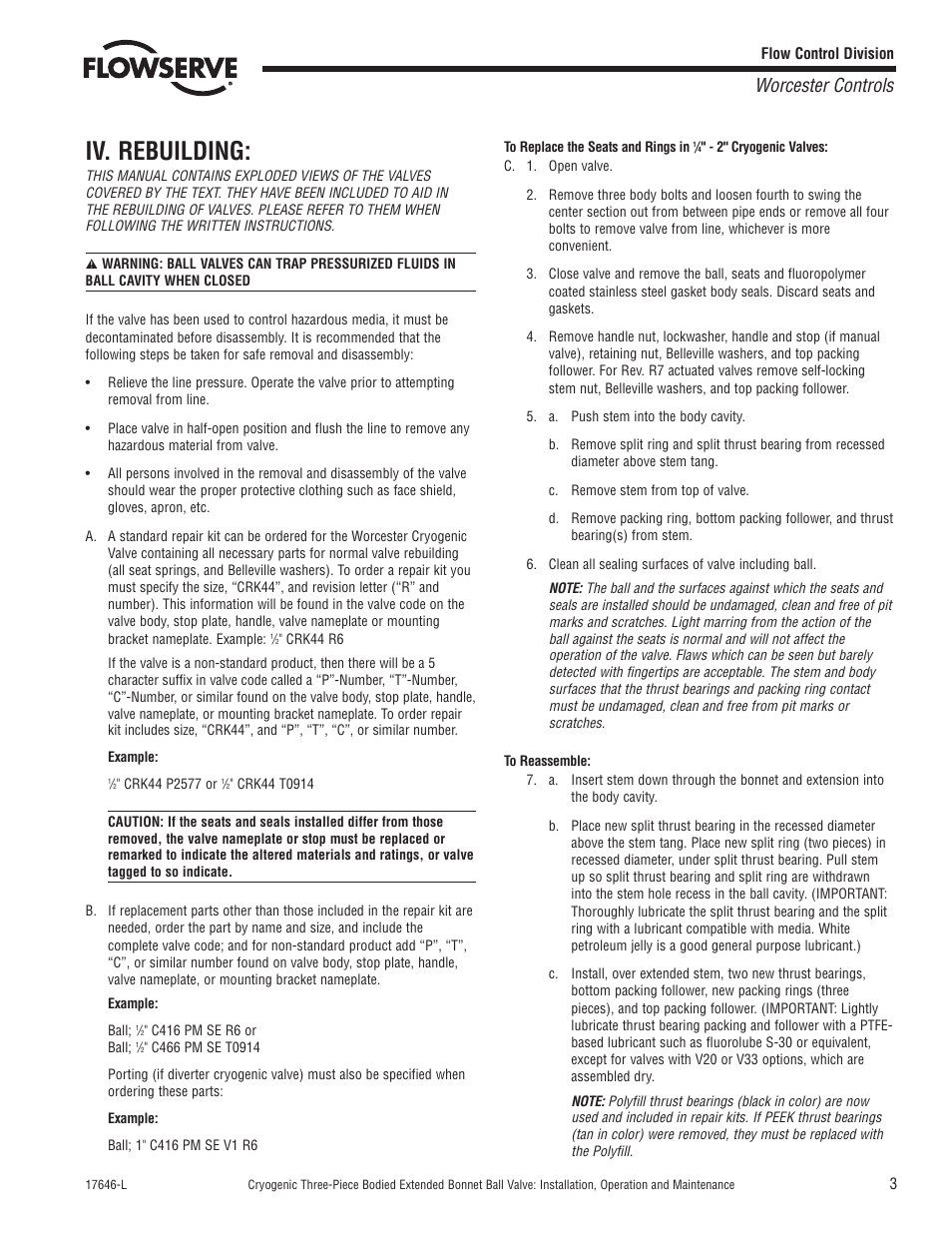 Iv. rebuilding, Worcester controls | Flowserve Cryogenic Three-Piece Bodied Extended Bonnet Ball Valve User Manual | Page 3 / 8