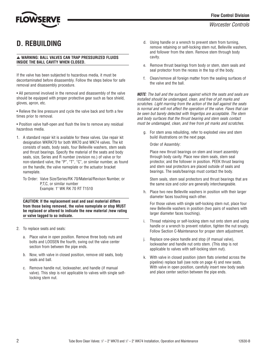 D. rebuilding, Worcester controls | Flowserve WK70 Series User Manual | Page 2 / 4