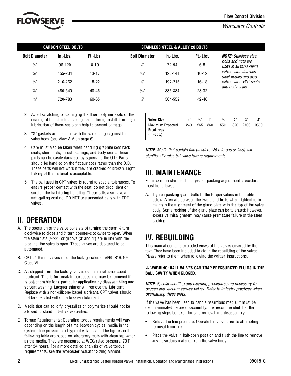 Ii. operation, Iii. maintenance, Iv. rebuilding | Worcester controls | Flowserve CPT Series Metal Characterized Seat Control Valves User Manual | Page 2 / 8