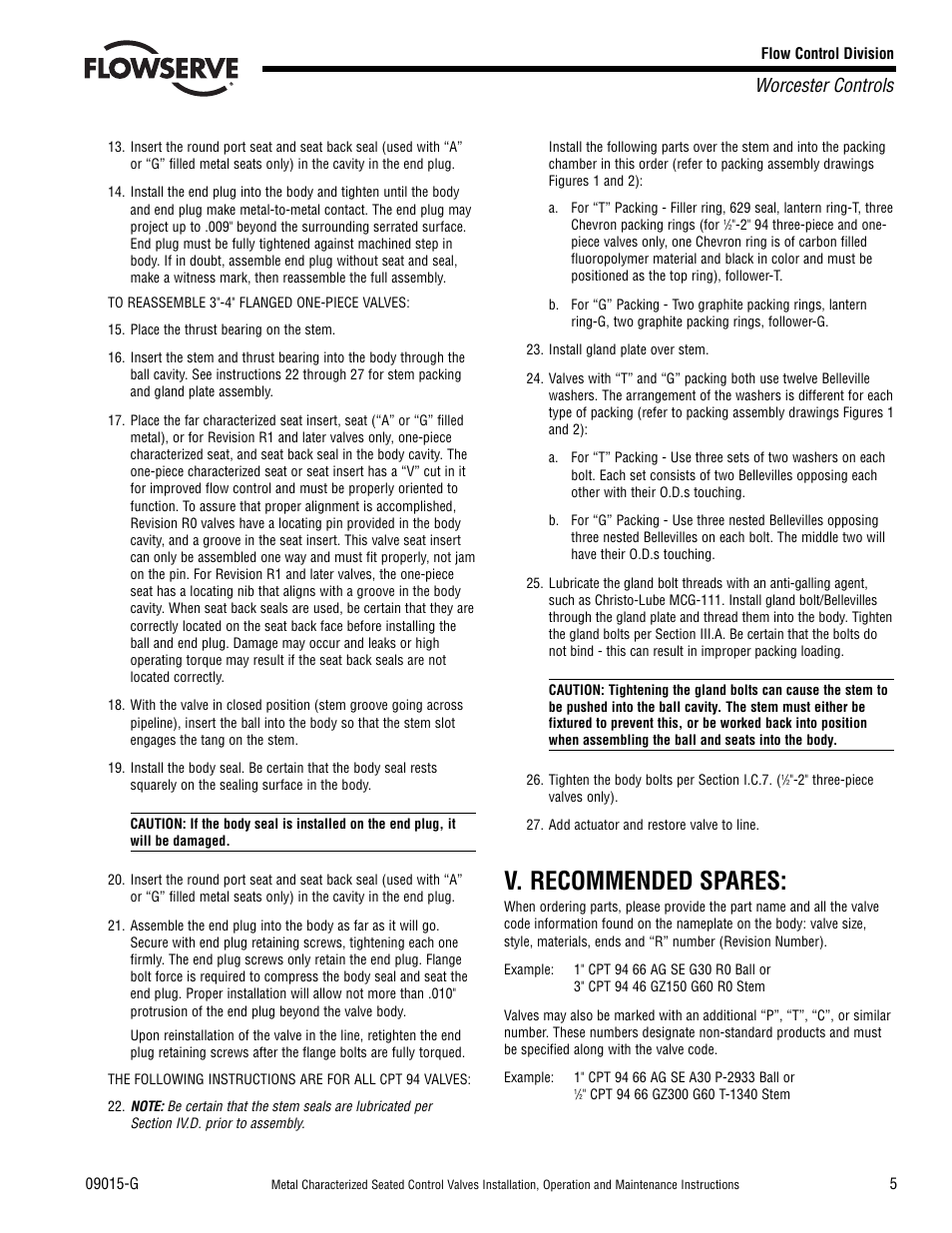 V. recommended spares, Worcester controls | Flowserve CPT Series Metal Characterized Seat Control Valves User Manual | Page 5 / 8