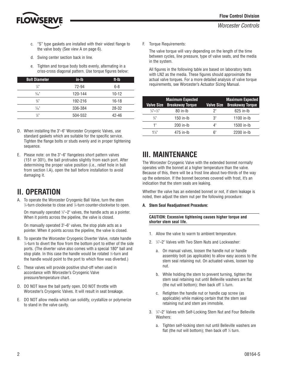 Ii. operation, Iii. maintenance, Worcester controls | Flowserve Cryogenic Ball Valves User Manual | Page 2 / 8