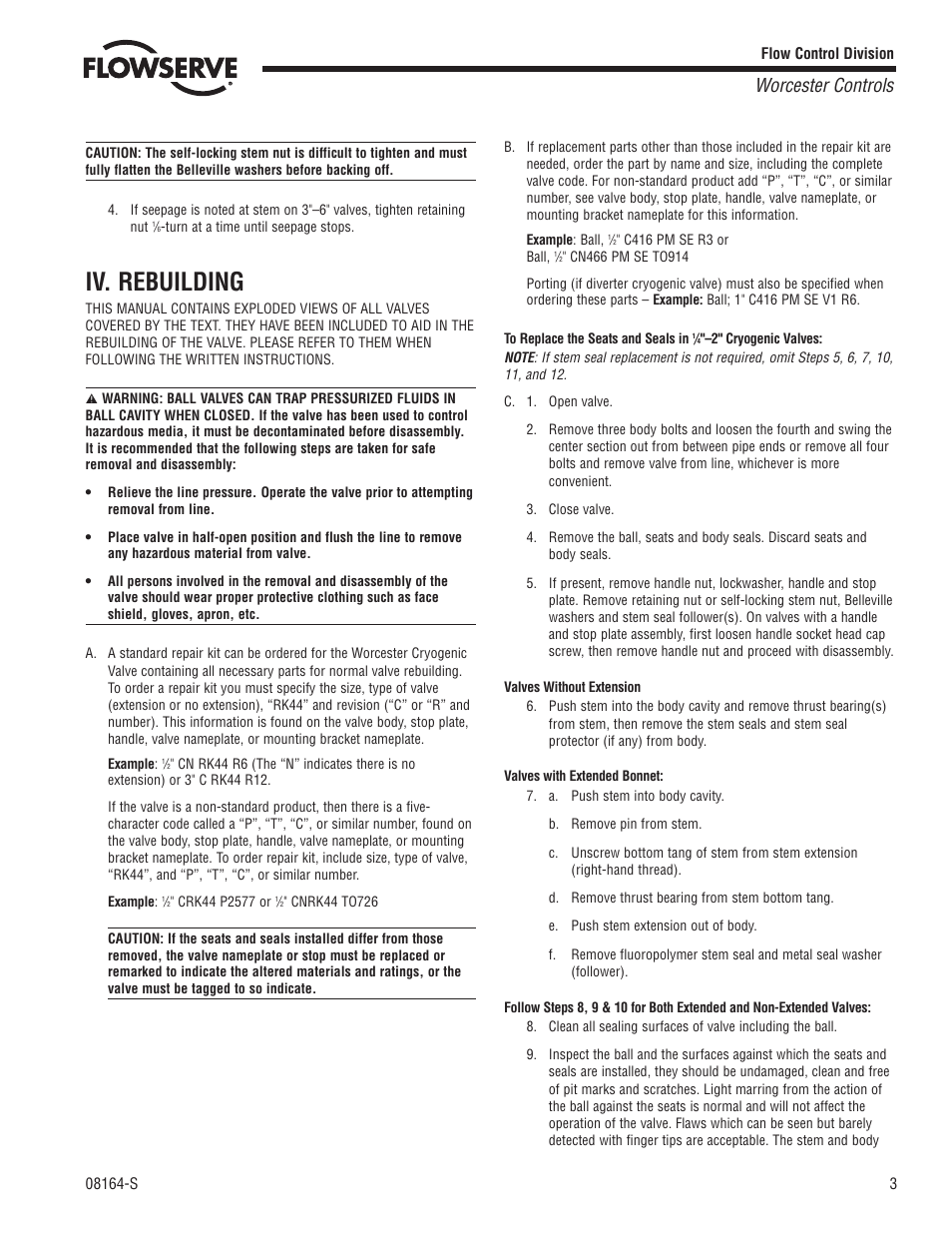 Iv. rebuilding, Worcester controls | Flowserve Cryogenic Ball Valves User Manual | Page 3 / 8