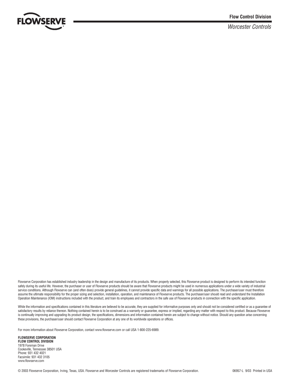 Worcester controls | Flowserve 94 Series User Manual | Page 12 / 12