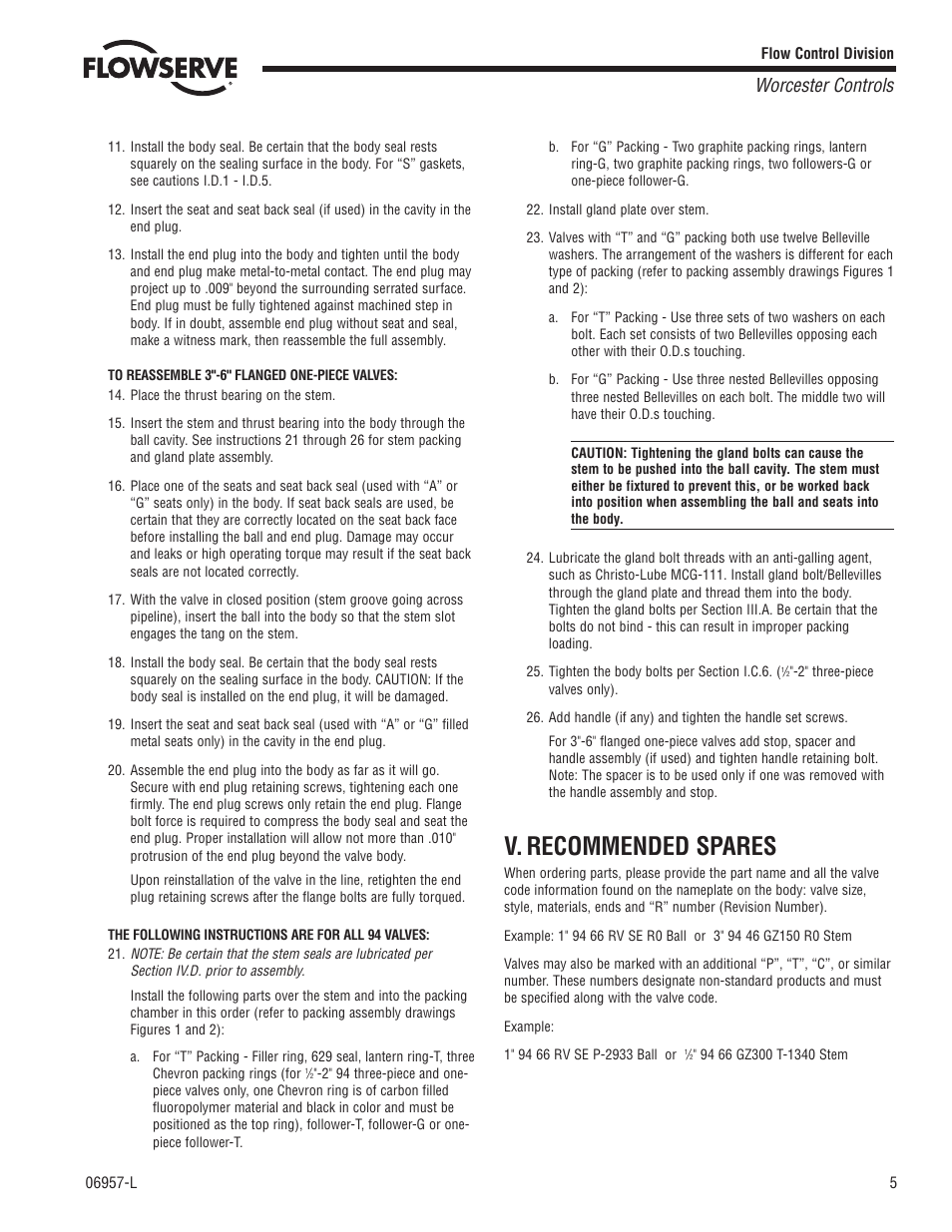 V. recommended spares, Worcester controls | Flowserve 94 Series User Manual | Page 5 / 12
