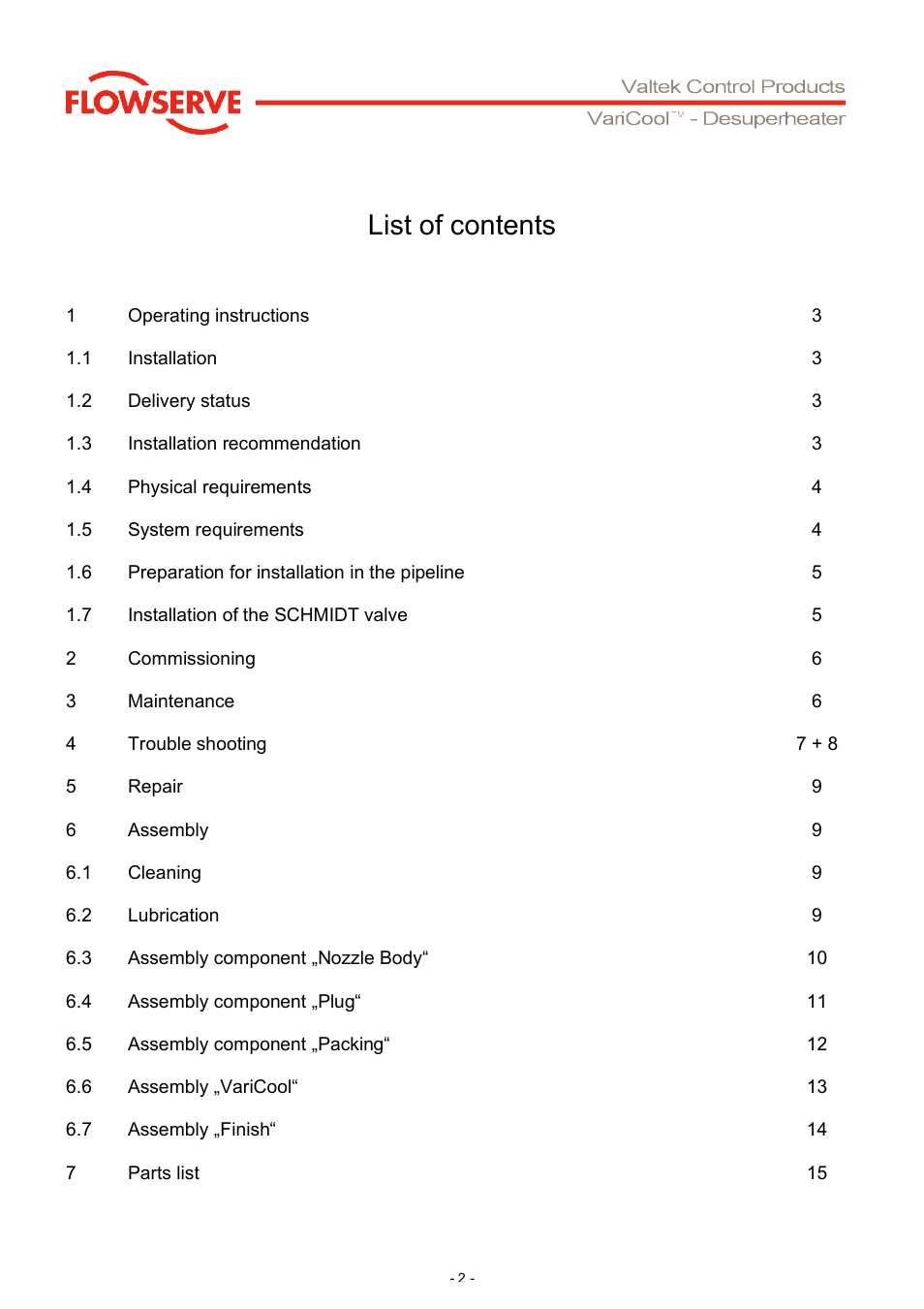 List of contents | Flowserve V901 VariCool Desuperheater User Manual | Page 2 / 16