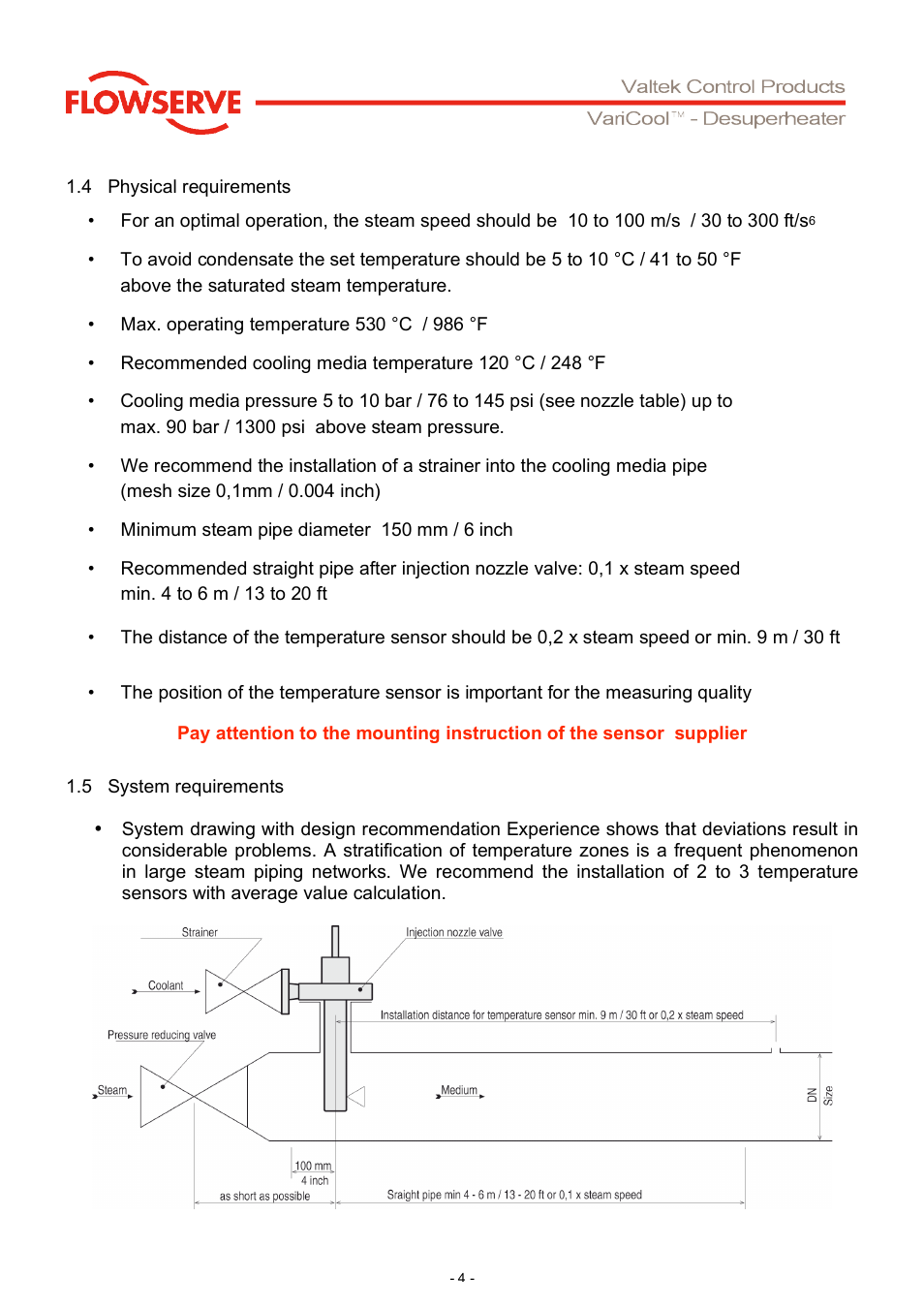 4 physical requirements, Minimum steam pipe diameter 150 mm / 6 inch | Flowserve V901 VariCool Desuperheater User Manual | Page 4 / 16