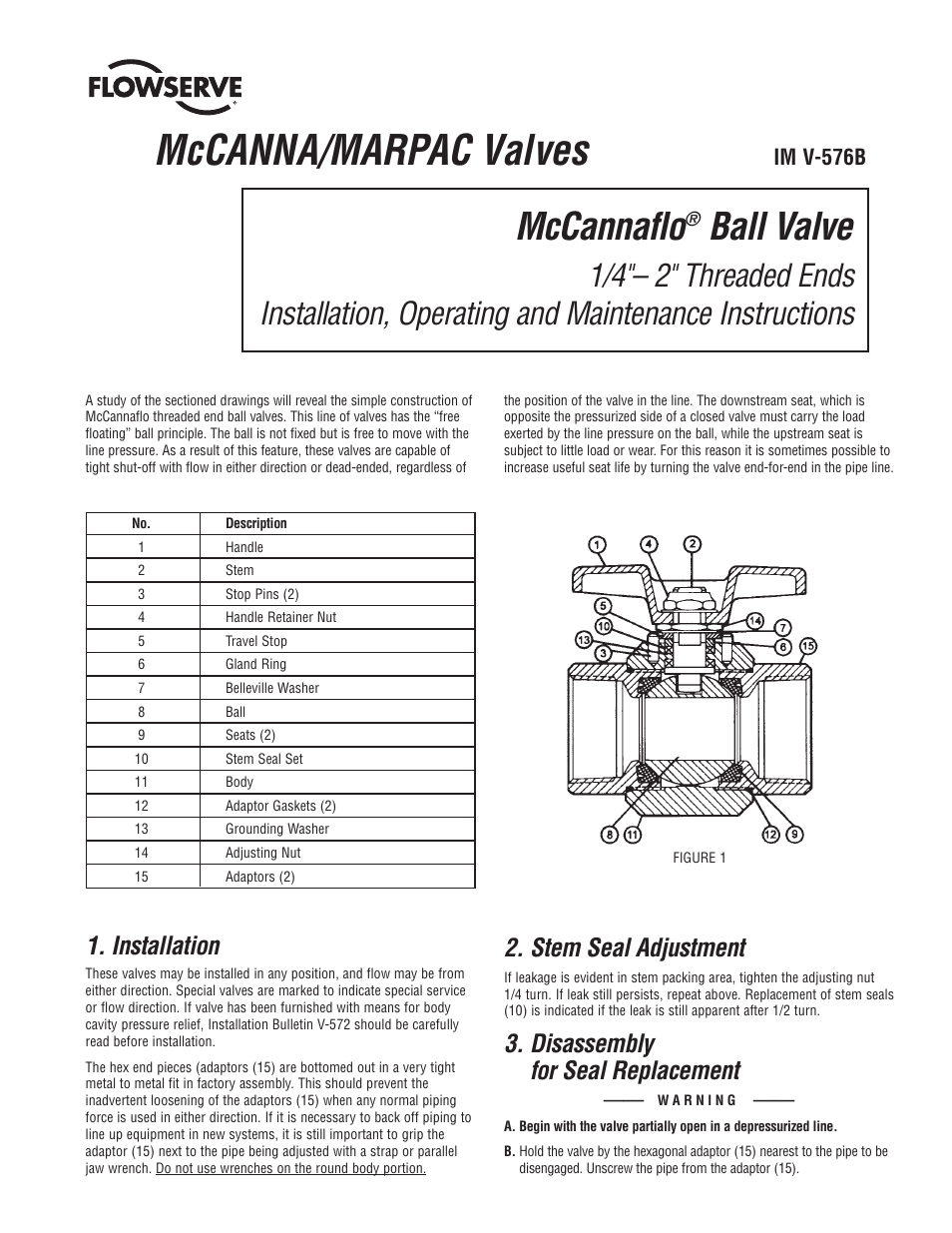 Flowserve McCANNA McCannaflo Ball Valve User Manual | 2 pages