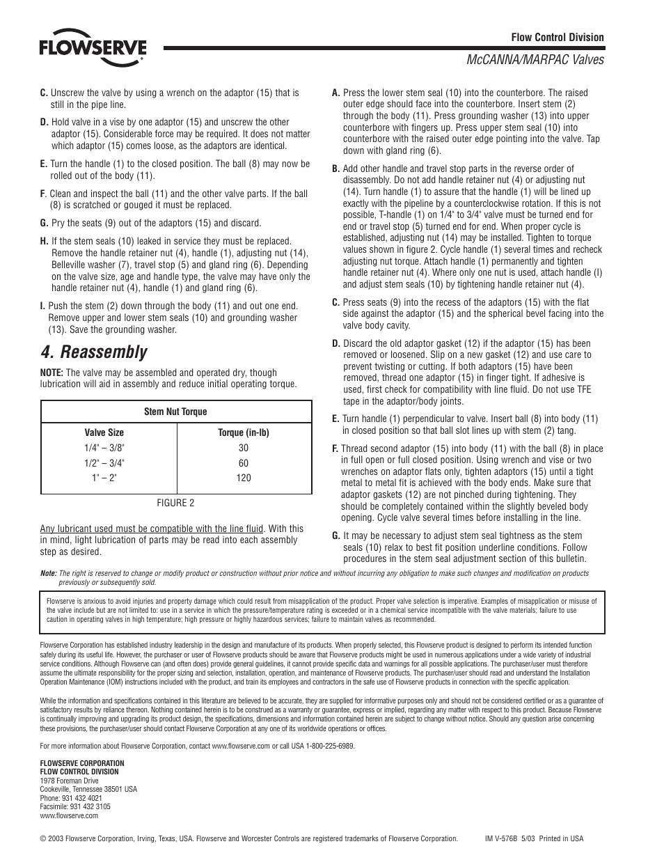 Reassembly, Mccanna/marpac valves | Flowserve McCANNA McCannaflo Ball Valve User Manual | Page 2 / 2