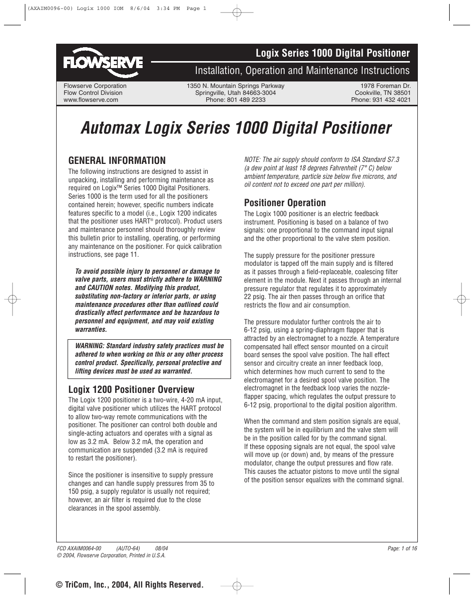Flowserve 1000 Series Digitial Positioner User Manual | 16 pages