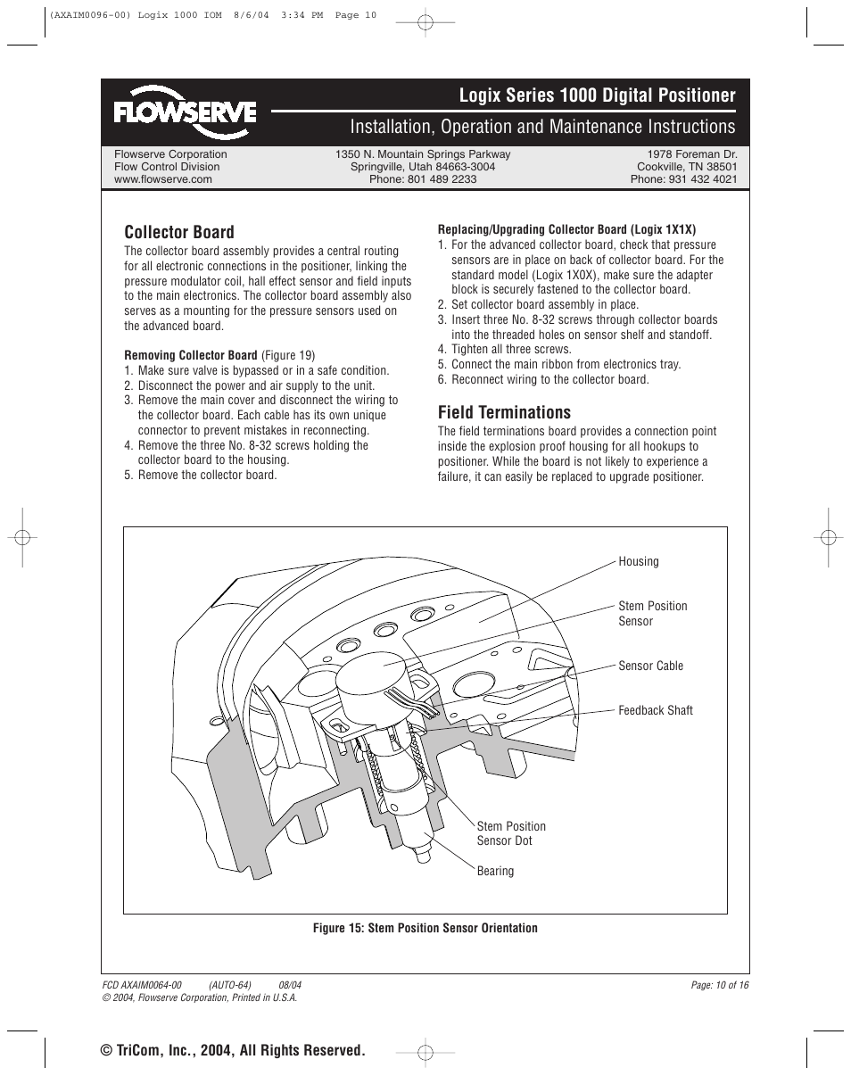 Collector board, Field terminations | Flowserve 1000 Series Digitial Positioner User Manual | Page 10 / 16