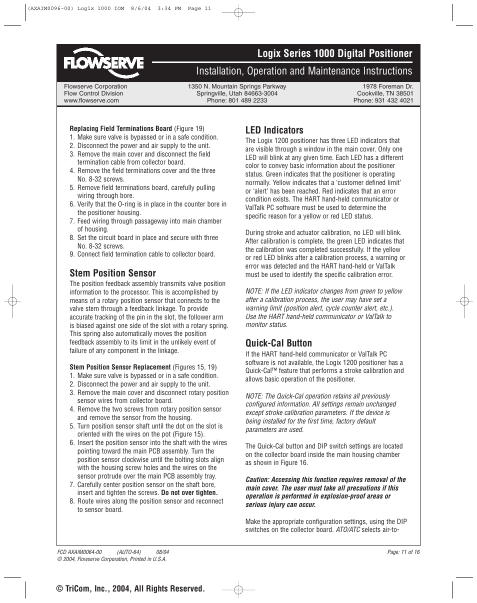Stem position sensor, Led indicators, Quick-cal button | Flowserve 1000 Series Digitial Positioner User Manual | Page 11 / 16