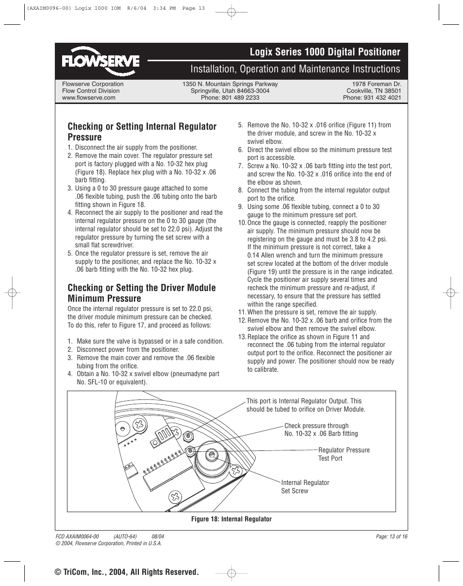 Checking or setting internal regulator pressure | Flowserve 1000 Series Digitial Positioner User Manual | Page 13 / 16