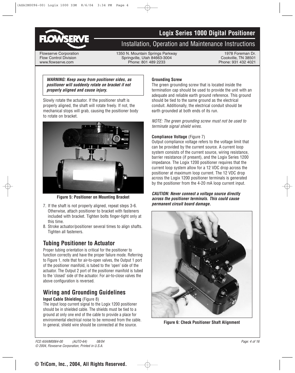 Tubing positioner to actuator, Wiring and grounding guidelines | Flowserve 1000 Series Digitial Positioner User Manual | Page 4 / 16