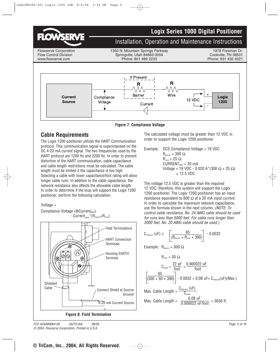 Cable requirements, Tricom, inc., 2004, all rights reserved | Flowserve 1000 Series Digitial Positioner User Manual | Page 5 / 16