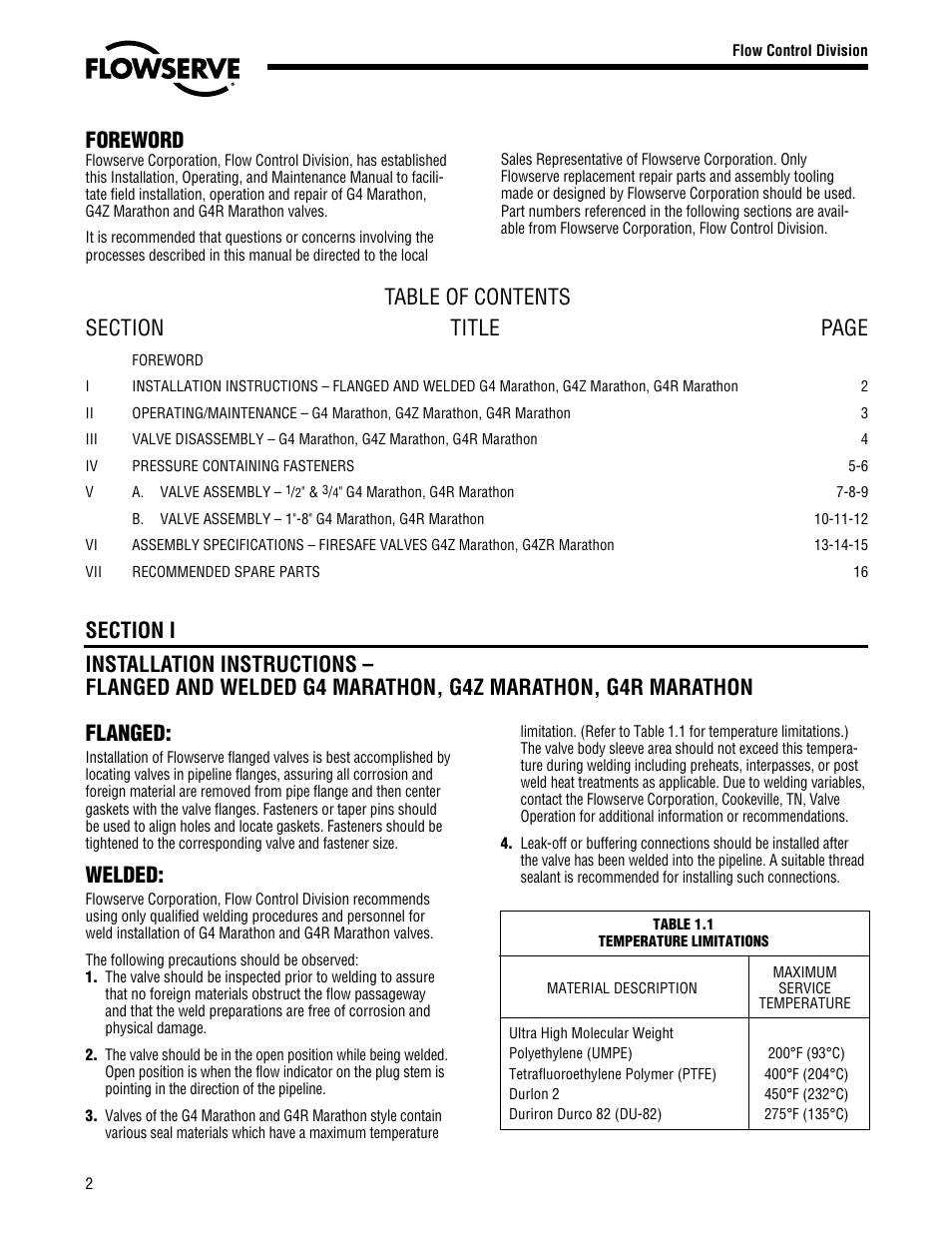 Foreword, Welded | Flowserve G4 Marathon Sleeveline Plug Valves User Manual | Page 2 / 16