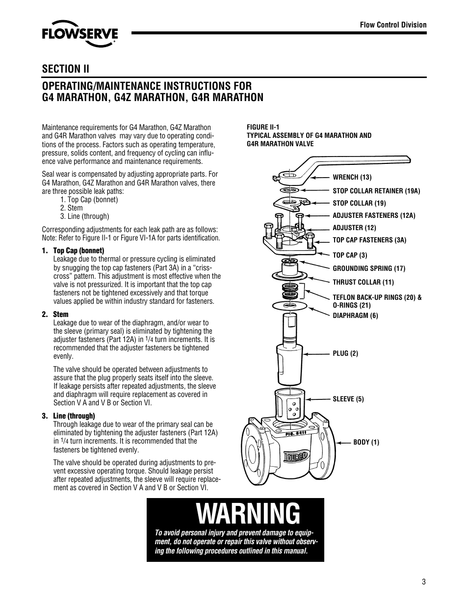 Warning | Flowserve G4 Marathon Sleeveline Plug Valves User Manual | Page 3 / 16